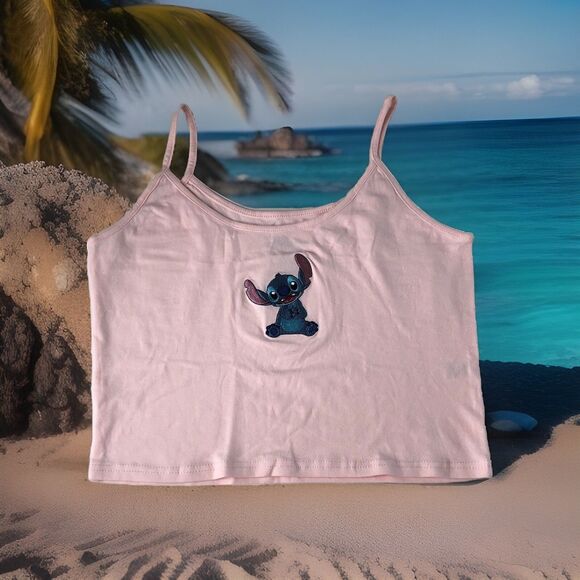 Disney Women Juniors Crop Tank Embroidered Stitch Pink Size Large - Picture 1 of 11